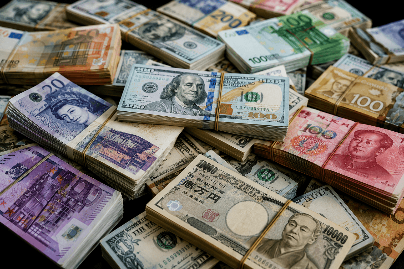 Stacks of major global currencies