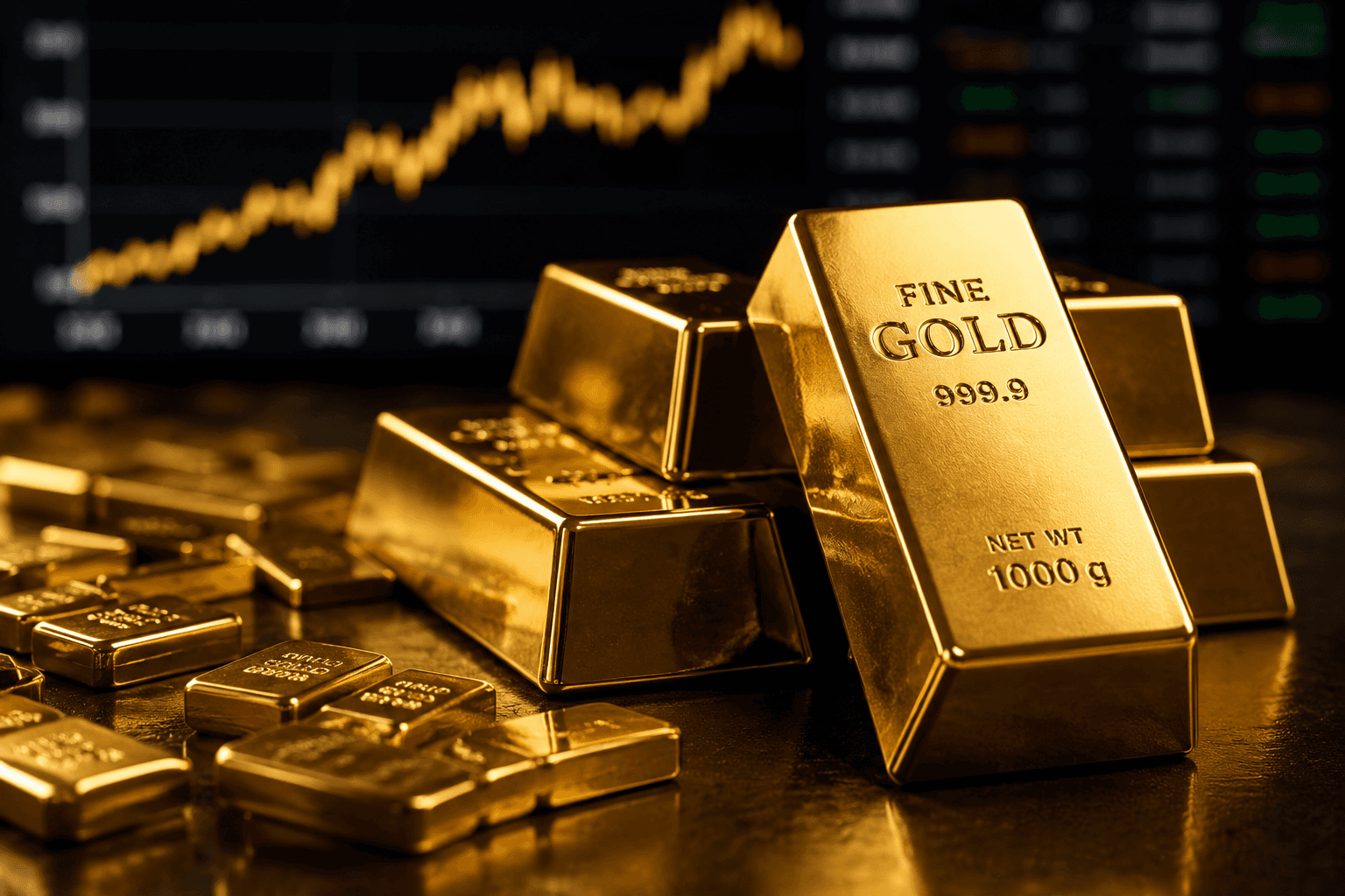 Gold bars in front of a trading chart