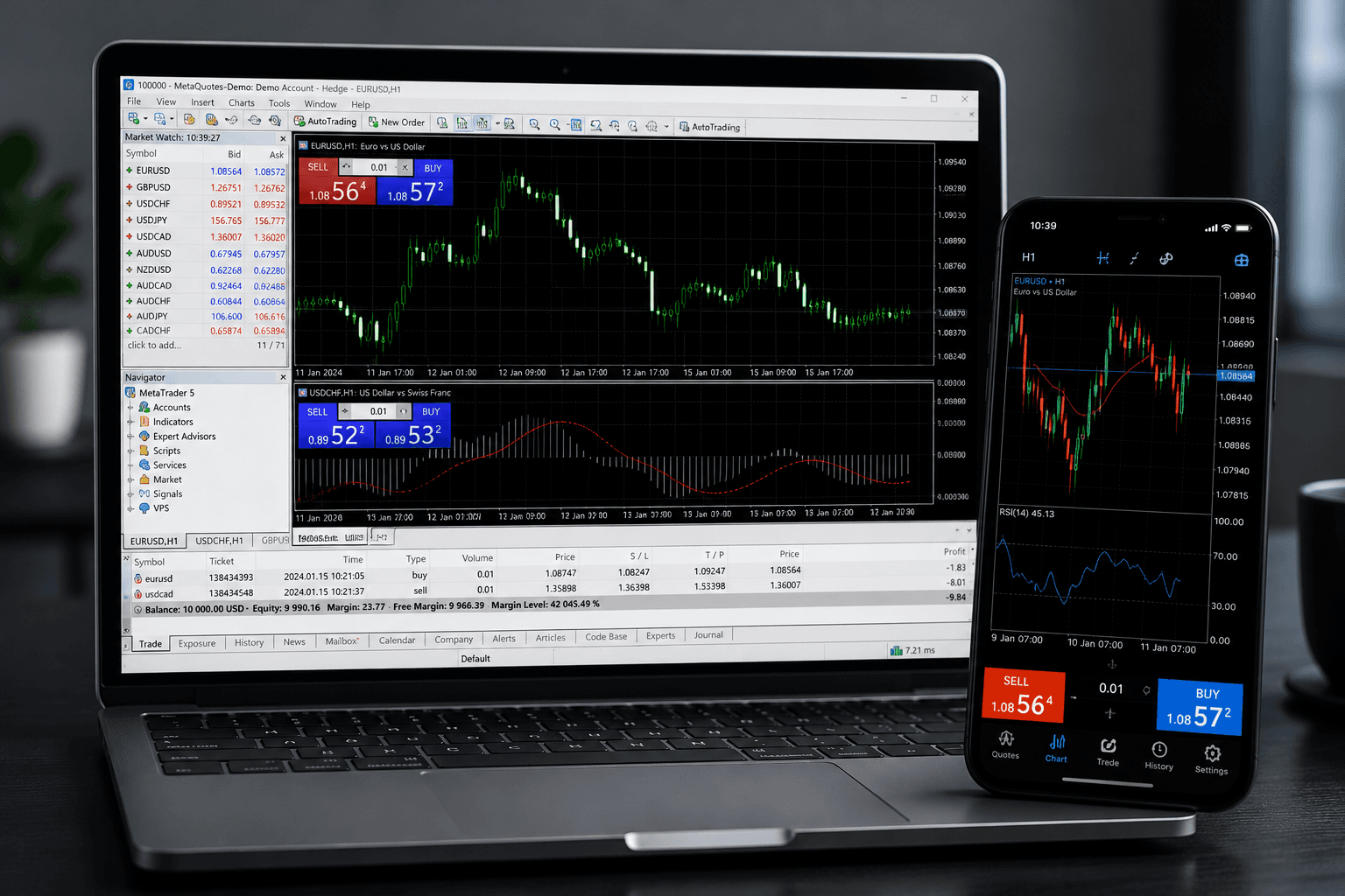 Desktop and mobile MetaTrader trading screens